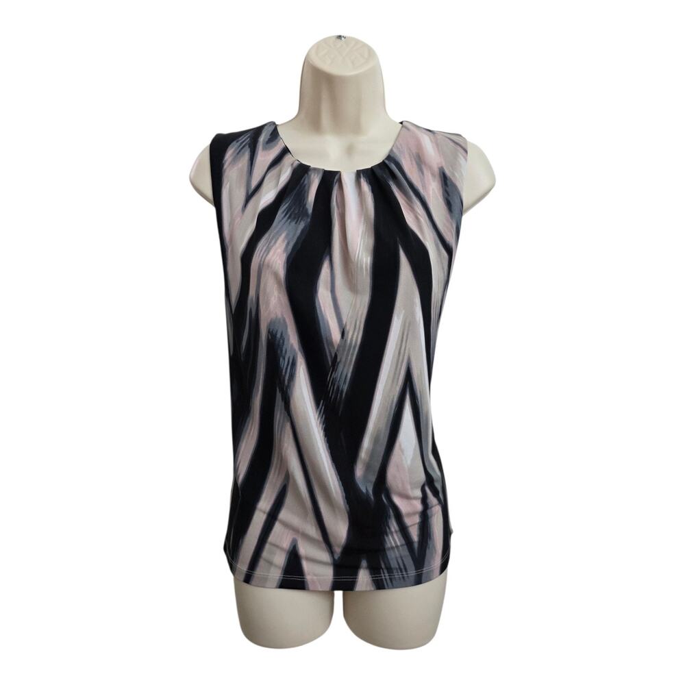 Calvin Klein Womens Medium Sleeveless Blouse Abstract Print Pleated Neck Top